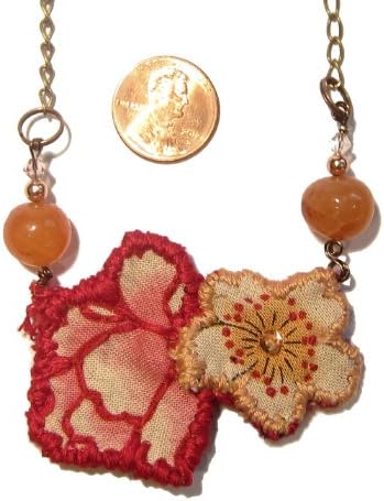 Embroidered Necklace 01 Red Yellow Flower Orange Carnelian Crystal Healing 17" (Gift Box)