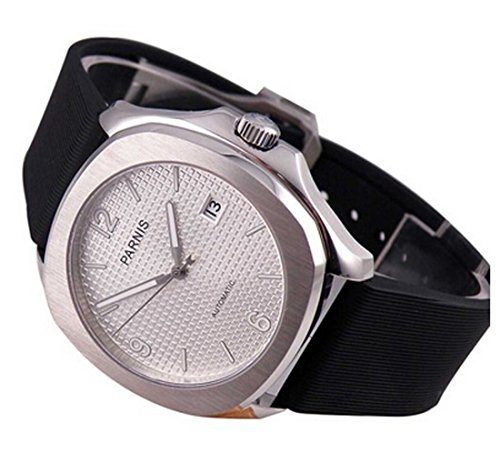 Parnis Watches Luminous White Dial Silver Square Case Automatic Calendar Men Watch P111709