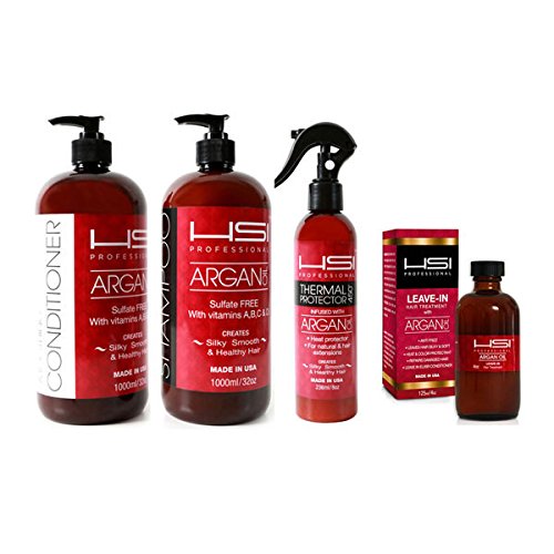 HSI Professional Wet Line Styling Set with Argan Oil Infused Smoothing Shampoo and Conditioner, Thermal Protector 450 and Argan Oil Leave in Treatment, 4 Count