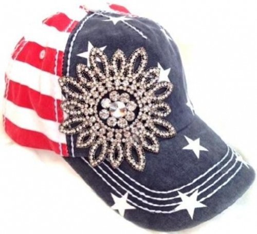 Womens Olive & Pique American Flag Patriotic Rhinestone Flower Cap