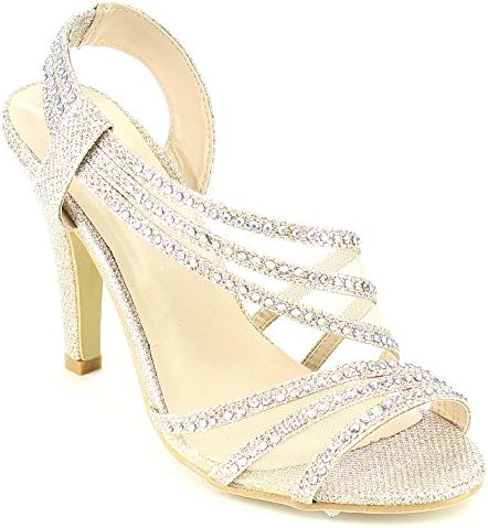 Silver Dew FB55 Women's Strappy Mesh Glitter Prom Slingback Dress Sandals, Color:GOLD, Size:7