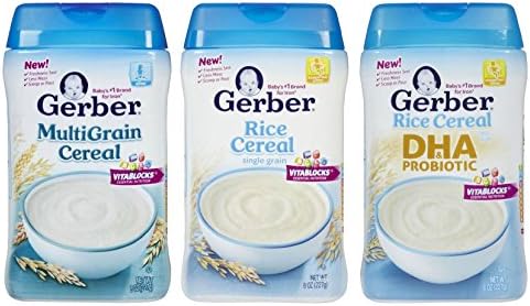 Gerber Baby Cereal 3 Flavor 8oz. Variety Pack: (1) MultiGrain Cereal, (1) Rice Cereal Single Grain and (1) DHA & Probiotic Rice Cereal