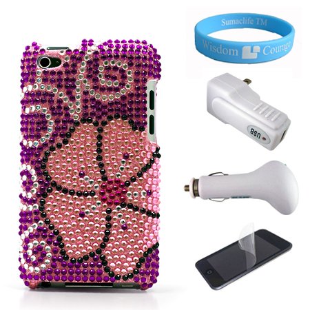 2 Piece Blooming Diamante Rhinestones Protective Case for Apple iPod Touch 4G + Clear Screen Protector + iPod Touch USB Car Charger + USB Wall Charger + Wristband