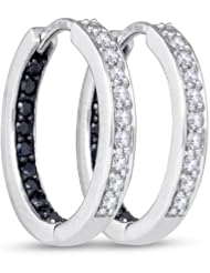 10K White Gold Round Brilliant Cut Black and White Diamond - In & Out Channel Set Round Circle Hoop Earrings - (.52 cttw.)