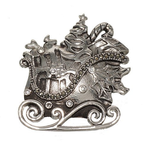 Antique Reproduction Santa Sleigh Filled with Gifts Christmas Brooch in Rhodium Plate with Genuine Marcasite