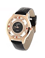 Womens Quartz Wrist Watch with PU Leather Band & Rhinestone Ornament - Black SWWM1-181699