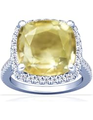 14K White Gold Cushion Cut Yellow Sapphire Ring With Sidestones