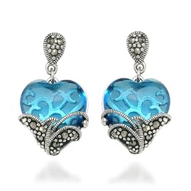 Sterling Silver Marcasite and Blue Glass Heart Earrings by Amazon.com Collection