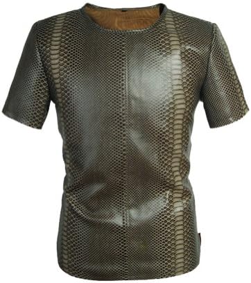 LXTH00o Men's Fashion Snakeskin Cool PU Leather T-shirt Brown Grey XXL
