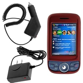 Rapid Car Charger with IC Chip + Home Travel Charger + Red Rubberized Hard Cover Case with Belt Clip for T-Mobile HTC Wing