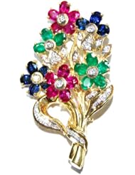 Diamond Multi Gemstone Flower Brooch/Pin 18K Yellow Gold [I_023]