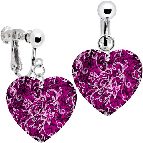 Heart Pink Graffiti Pink Hibiscus Clip Earrings