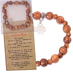 Elastic Olive wood religious bracelet with Silver tone Jerusalem Cross *** packed as a gift with special Certificate of Authenticity and origin and a FREE Lord's Prayer gift card