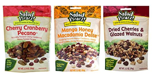 Salad Pizazz Salad Topping 3 Flavor Variety Bundle: (1) Pizazz Cherry Cranberry Pecano, (1) Pizazz Mango Honey Macadamia Delight, and (1) Pizazz Dried Cherries & Glazed Walnuts, 3.5-3.75 Oz Ea