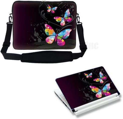 Meffort Inc 15 15.6 inch Laptop Carrying Sleeve Bag Case with Hidden Handle & Adjustable Shoulder Strap with Matching Skin Sticker Deal - Dark Butterfly in the Corner Design
