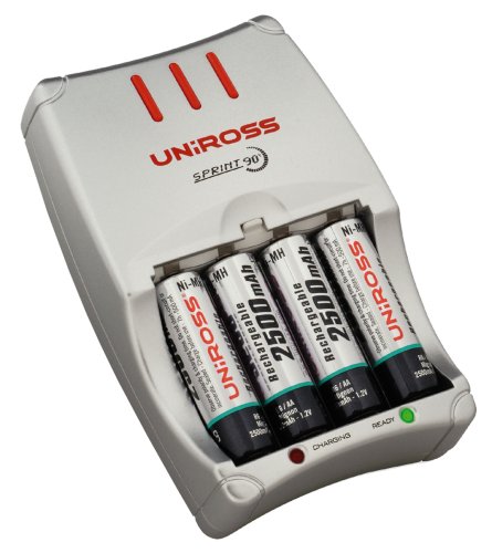 Childrens Toyshop   : UniRoss Sprint 90 Min Battery Charger inc 4 x AA 2500 mAh Rechargeable Batteries
