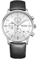 Voeons Men's Casual Wrist Watch Silver White Chronograph Leather Black