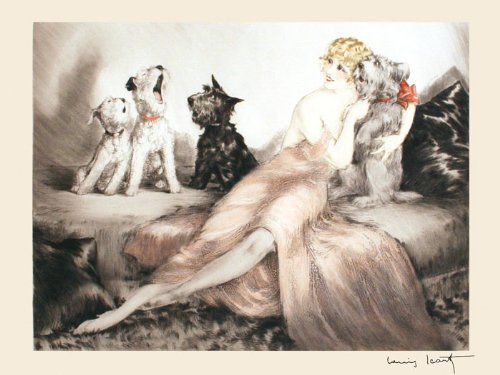 Fashion Blonde Lady Beauty Singing with Cairn Terrier and Fox Terriers Dogs by Louis Icart Toulouse France French Artist 12