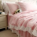 Shabby and Elegant Pink Sunflower Embroidery Pure Cotton Duvet Cover Bedding Set,Queen Size