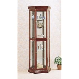 item Cherry finish wood curio cabinet with glass shelves, mirrored back and glass doors by AMBEnterprises.com