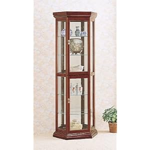 item Cherry finish wood curio cabinet with glass shelves, mirrored back and glass doors