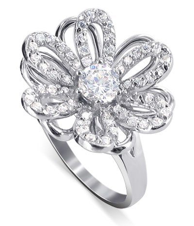 Gorgeous 15 MM Flower Ring with Clear Cubic Zirconia Accent Sterling Silver Band