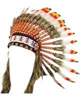 Fair trade Indian headdress with red, yellow and grey feathers