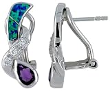 Sterling Silver, Synthetic Opal Clip Inlay Earrings with Pear Shape Amethyst CZ, 7/8 (22 mm) long