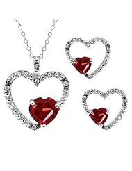 2.07 Ct Heart Shape Red Garnet Gemstone 14k White Gold Pendant Earrings Set