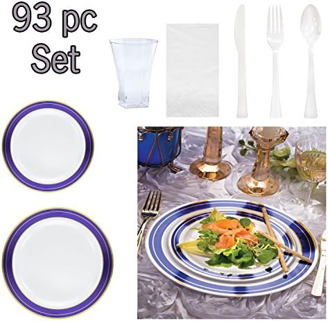 High Quality Pearl White with Blue &amp; Gold Trim - Magnificence -  Premium, Heavyweight Disposable Plastic Dinnerware with Napkins &amp; Utensils - 93 Pc. Set