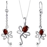 Dragonfly Design 2.00 carats Oval Cut Sterling Silver with Rhodium Finish Garnet Pendant Earrings Set
