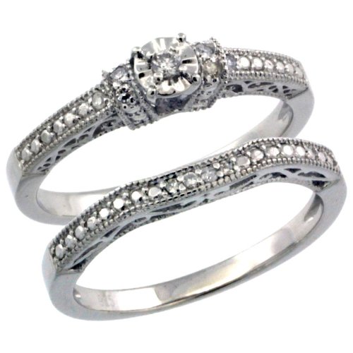 Deals Sterling Silver Vintage Style 2-Pc. 11-Stone Diamond Engagement Ring Set w/ 0.112 Carat Brilliant Cut Diamonds (Available in Sizes 5 to 10), size 10