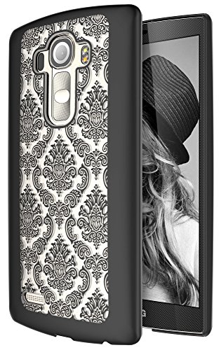 LG G4 Case, G4 Case, SGM (TM) Damask Design Pattern Rubber Coating Ultra Slim Fit Hard Hybrid Case Cover for LG G4 + SGM (TM) Microfiber Cleaning Cloth (Black)