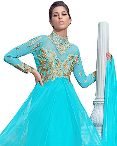 G Tex Inc Women's Designer Embroidered Georgette Semi Stitched Anarkali Free Size Sky Blue