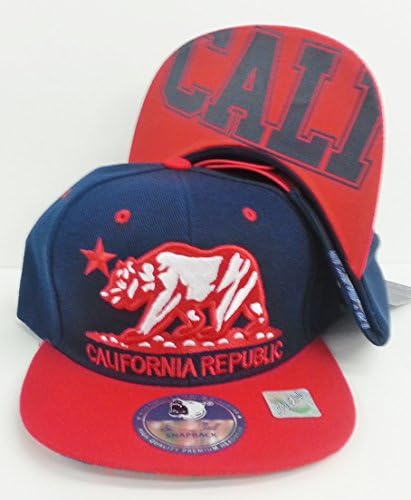 California Republic "Cali" Print under Flat Bill Snapback Hat Caps - Navy/Red Bill
