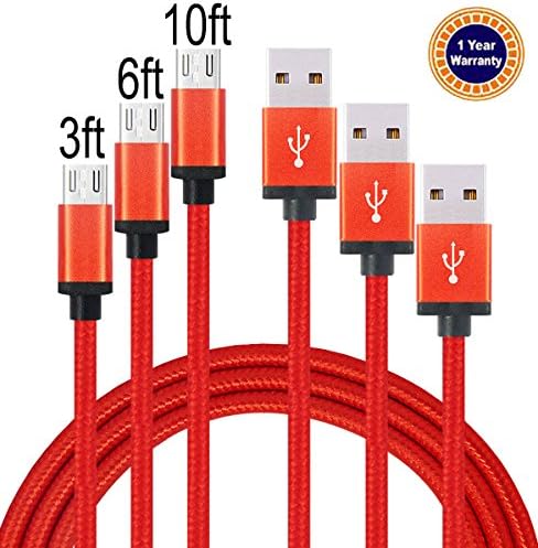 Jricoo Nylon Braided Micro USB to USB 2.0 Charging Cable (3 Feet, 6 Feet, 10 Feet) - Red