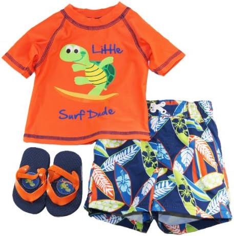 Wippette Baby-Boys Infant Swim Surf Dude Rash Guard 3Pc Set with Flip Flops, Orange 12M
