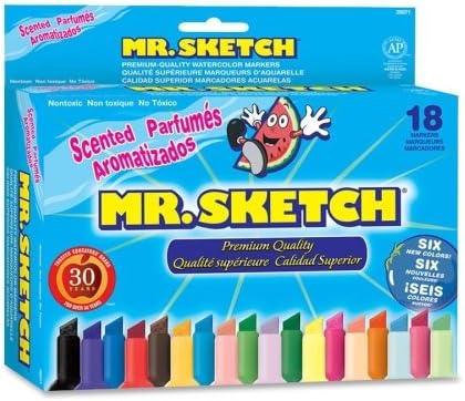 Sanford Mr. Sketch Scented Watercolor Marker Set - Red Ink, Blue Ink, Green Ink, Yellow Ink, Brown Ink, Purple Ink, Turquoise Blue Ink, Black Ink, Orange Ink, Pink Ink, Magenta Ink, Dark Green Ink, Sky Blue Ink, Peach Ink, Lavender Ink, Yellow Ink, Petal