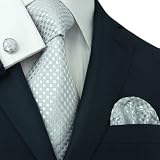 Landisun 16E Silver Gray Plaids & Checks Mens Silk Tie Set: Tie+Hanky+Cufflinks