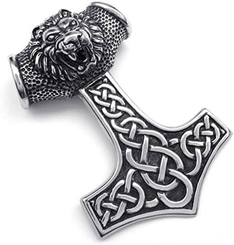 JRui Jewelry Men's Stainless Steel Lion Thors Hammer Celtic Knot Pendant Necklace Chain 18 inches