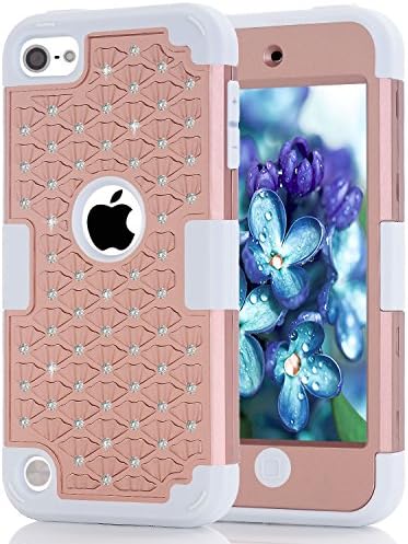 Deego iPod Touch 5 Case, Apple iPod Touch 6 Case, 3 in 1 Bling Rhinestone Diamond Design Durable Hybrid 3-piece PC + Silicone Bumper Slim Defense Full Hard Back Cover Case (Gold+Grey)