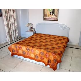 Indian New Boho Handmade Gold Block Print Cotton King Size BedSpread Bed Sheet Bed Cover Tapestry