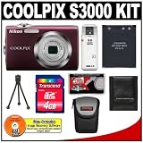 Nikon Coolpix S3000 12.0 Megapixel Digital Camera with 4x Optical Zoom (Plum) with + 4GB Card + EN-EL10 Battery + Case + Accessory Kit