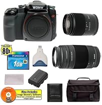 Sony Alpha A100 A100K 10.2MP Digital SLR Camera Kit with 18-70mm f3.5-5.6 Lens + Sony Alpha 75-300mm f/4.5-5.6 Lens + Transcend 1GB 80X CompactFlash Card + USB Card Reader + Spare Replacement Battery for Sony NP-FM55H + Deluxe SLR Gadget Bag