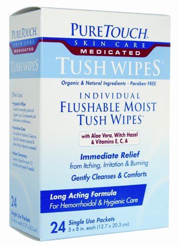 PureTouch MEDICATED Tush Wipes for adults 24 Individual Flushable Moist Wipes/ 6 boxes144 Single-Use-Packets