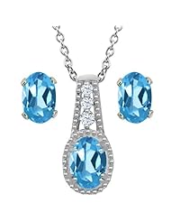 1.98 Ct Oval Swiss Blue Topaz 925 Sterling Silver Pendant Earrings Set