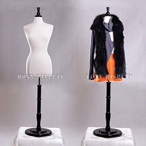 (JF-F6/8W+BS-R02BK+CAP-F42BK) Female Body Form White Jersey Cover +Heavy Round Black Wooden Base & Top.