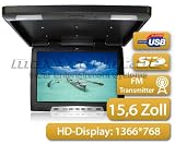 Produkt-Bild: Deckenmonitor 39,63cm (wie 15,6 Zoll) Diagonale, 16:9, Hochaufl&ouml;sendes Display mit 1366*RGB*768, USB- & SD-Port, Inklusive IR - & FM - Transmitter, Pal & NTSC, Multimedia-Fernbedienung, 2x Video & 1x Audio - Anschl&uuml;sse, mit Dachinnenbeleuchtung, Schwarz