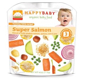 HAPPYBABY Organic Baby Food, Stage 3, Super Salmon, 4 Ounce Pouch (Pack of 16)
