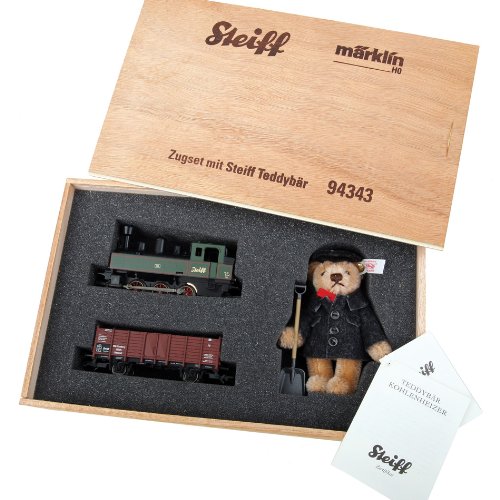 Marklin Steiff Train Set in Wood Box Digital Equipped -- Provincial 0-6-0T, Provincial Gondola w/Load Teddy Bear Fireman-image